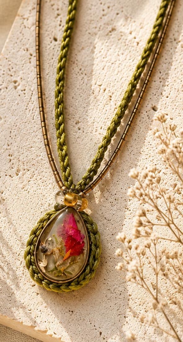 Colar Raiz: pendente em gota de resina com pétalas de buganvília e folha de ouro, moldura de crochê verde-azeitona e duas voltas de cordão e contas bronze