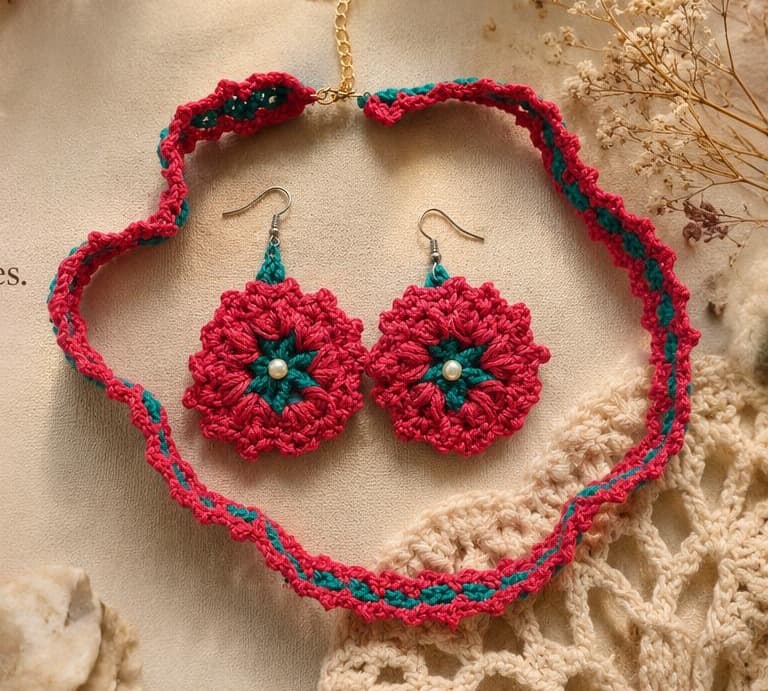 Conjunto Romã: gargantilha de crochê rosa e verde-azulado com brincos de flor rosa e pérola