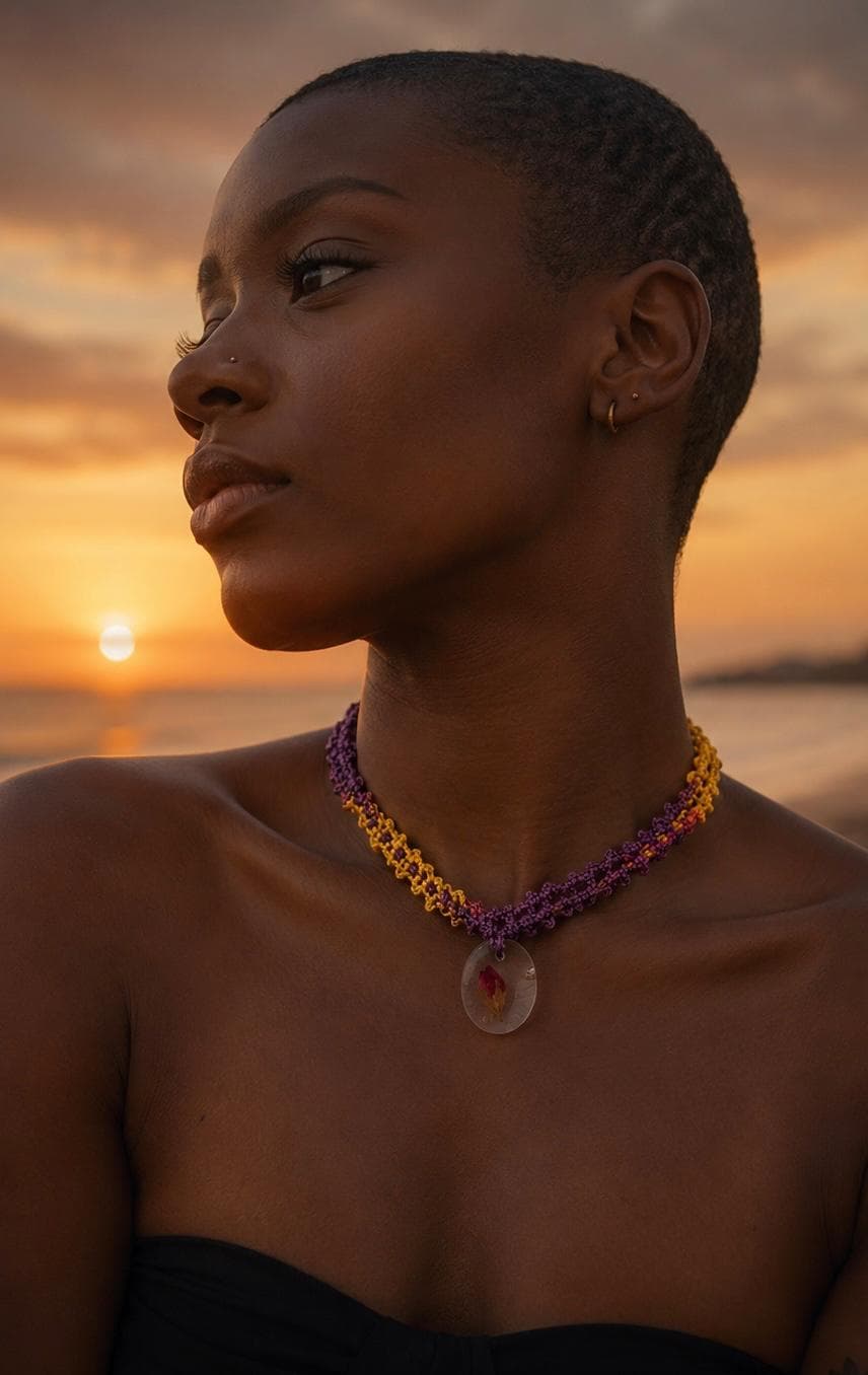 Gargantilha em macramé roxo e amarelo com botão de rosa preservado em resina, ao pôr-do-sol